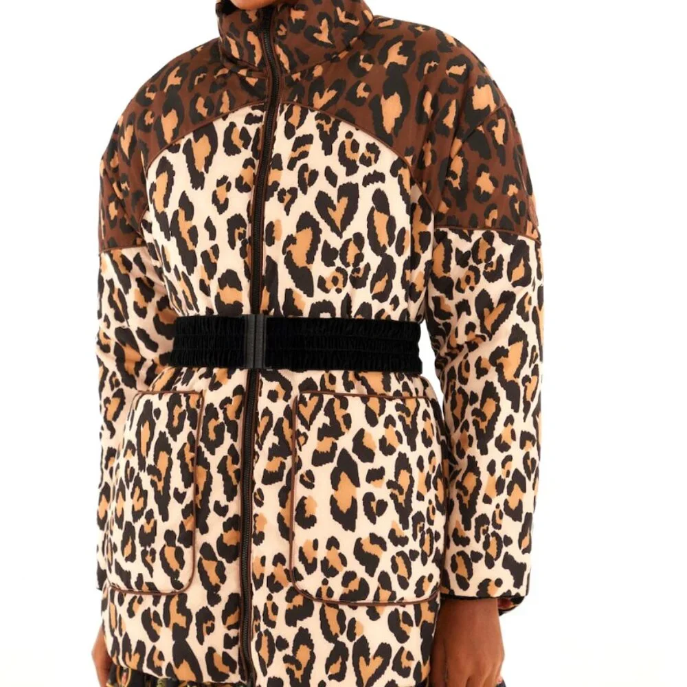FARM Rio Black Marvelous Garden Puffer Jacket Exotic Tropical Leopard Print - Picture 4 of 16